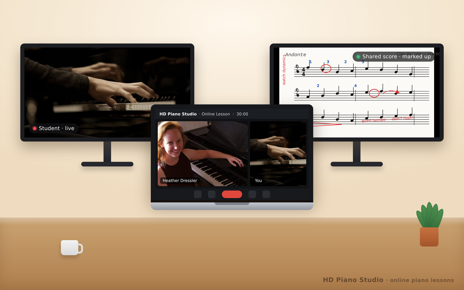 Heather Dressler teaching an online piano lesson over Zoom, with the student's hands, a marked-up score, and her video on separate screens